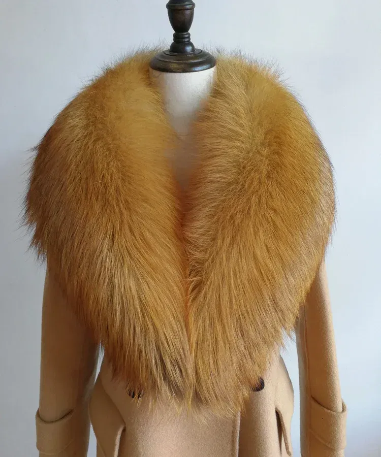 Color: Yellow, Size: XL - Winter Real Fox Fur Collar Woman Furry Natural Raccoon Fur Scarf Shawls Luxury Neck Warmer Wraps For Coat Fur Scarves Large Size