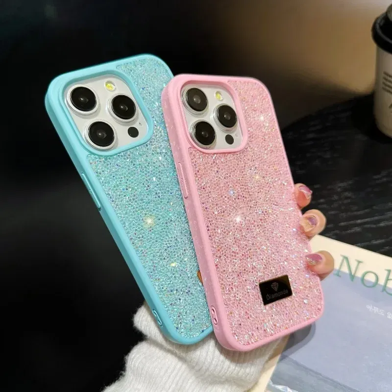 Material: POLYESTER, Color: black - Luxury INS Dazzling Full Covered Zircon Macaroon Color Phone Case for iPhone 16 15 14 11 12 13 Pro Max Plus Back Cover
