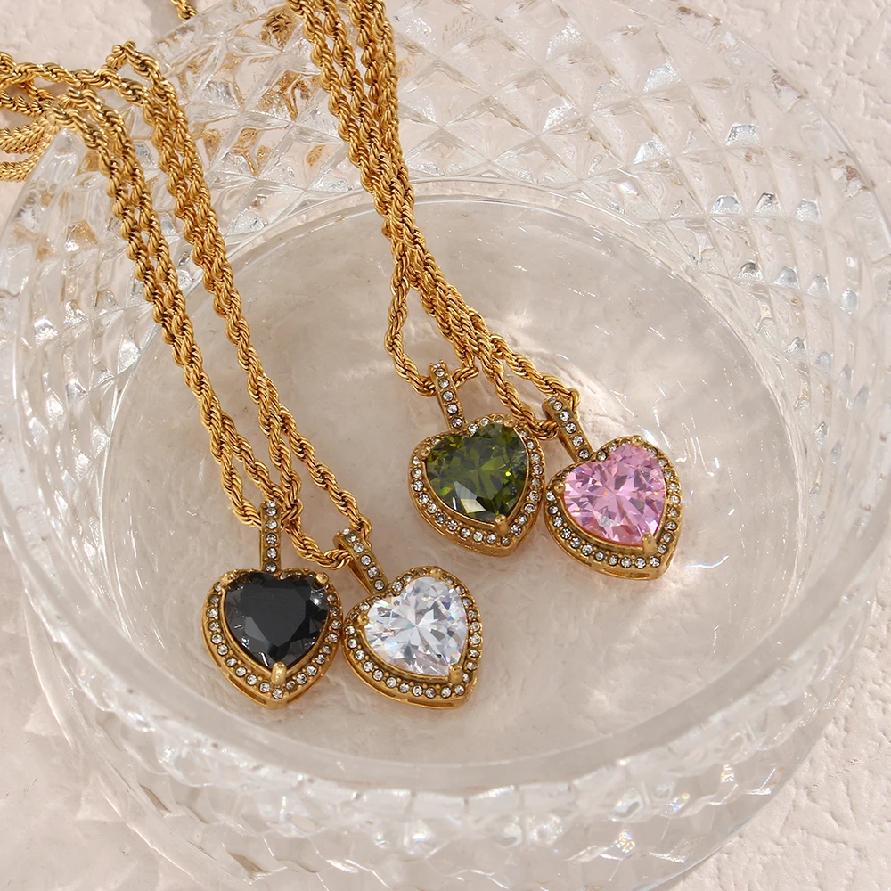 Metal Color: cobalt violet - 2022 New Stainless Steel PVD Plating Heart Shape AAA Cubic Zircon Stone Pendant Necklace Ladies Party Christmas Jewelry Gift