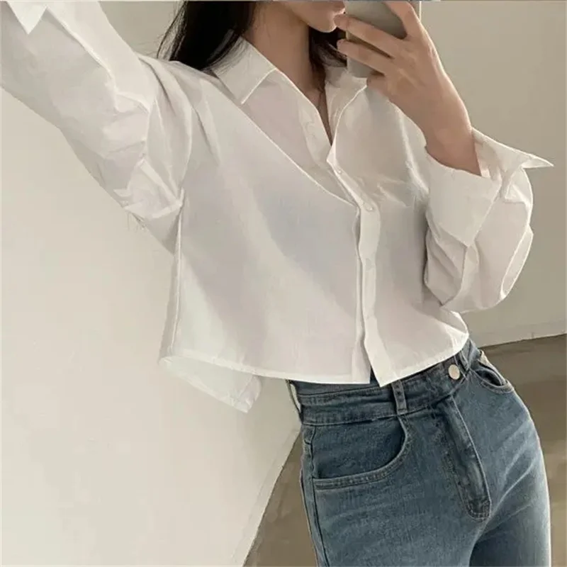 Color: Blue, Size: S - Spring New Casual Long Sleeve Women White Shirt Korea Style Solid Button Split Woman Crop Tops Blouse Party Clothing