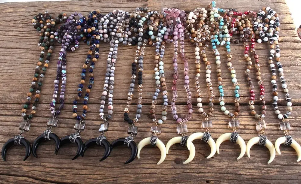 Metal Color: Gold-color, Length: 45cm, Ships From: CHINA - Fashion Bohemian Jewelry Natural Stones Crystal Glass Knotted Ox Horn Moon Pendant Necklace Women Boho Necklaces  Girls