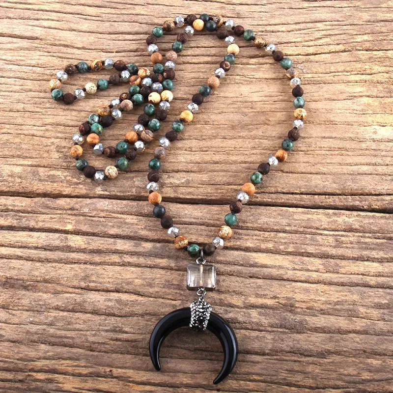 Metal Color: Gold-color, Length: 45cm, Ships From: CHINA - Fashion Bohemian Jewelry Natural Stones Crystal Glass Knotted Ox Horn Moon Pendant Necklace Women Boho Necklaces  Girls