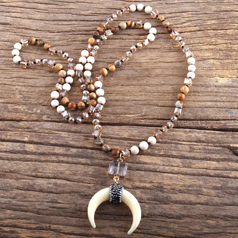 Metal Color: Gold-color, Length: 45cm, Ships From: CHINA - Fashion Bohemian Jewelry Natural Stones Crystal Glass Knotted Ox Horn Moon Pendant Necklace Women Boho Necklaces  Girls