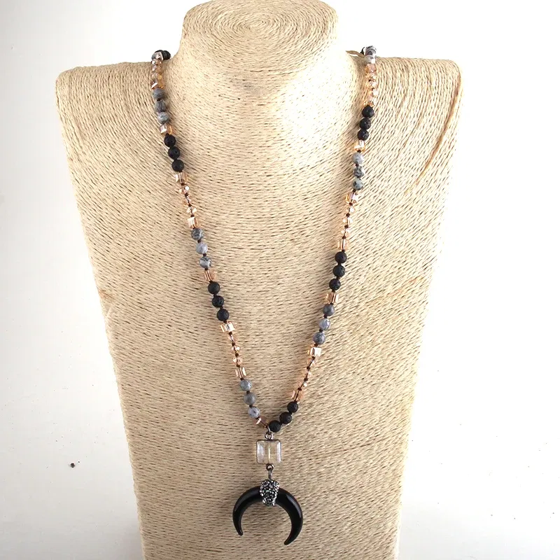 Metal Color: Gold-color, Length: 45cm, Ships From: CHINA - Fashion Bohemian Jewelry Natural Stones Crystal Glass Knotted Ox Horn Moon Pendant Necklace Women Boho Necklaces  Girls