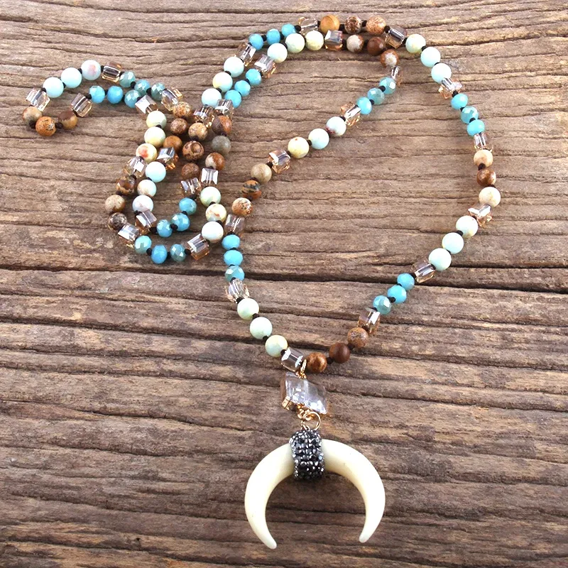 Metal Color: Gold-color, Length: 45cm, Ships From: CHINA - Fashion Bohemian Jewelry Natural Stones Crystal Glass Knotted Ox Horn Moon Pendant Necklace Women Boho Necklaces  Girls