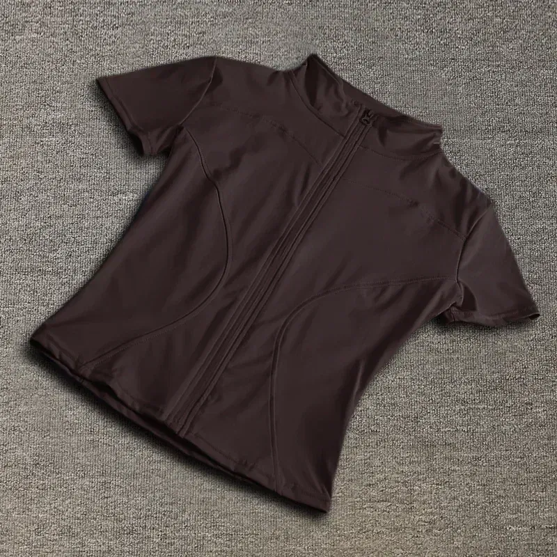Color: Chocolate, Size: S - Summer High Quality Waist Slimming Training Tops Women's Quick-drying Tight Stand Collar Full Zipper Short Sleeves Yoga shirts