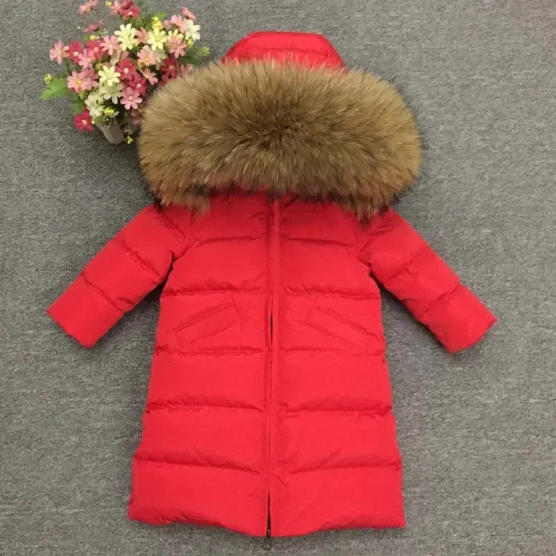 Color: Khaki, Kid Size: 8 - Children Girl boy Winter real fur thickened down jackets 90 down Long Coat jacket overcoat baby kids clothing -30 outwear ws1245