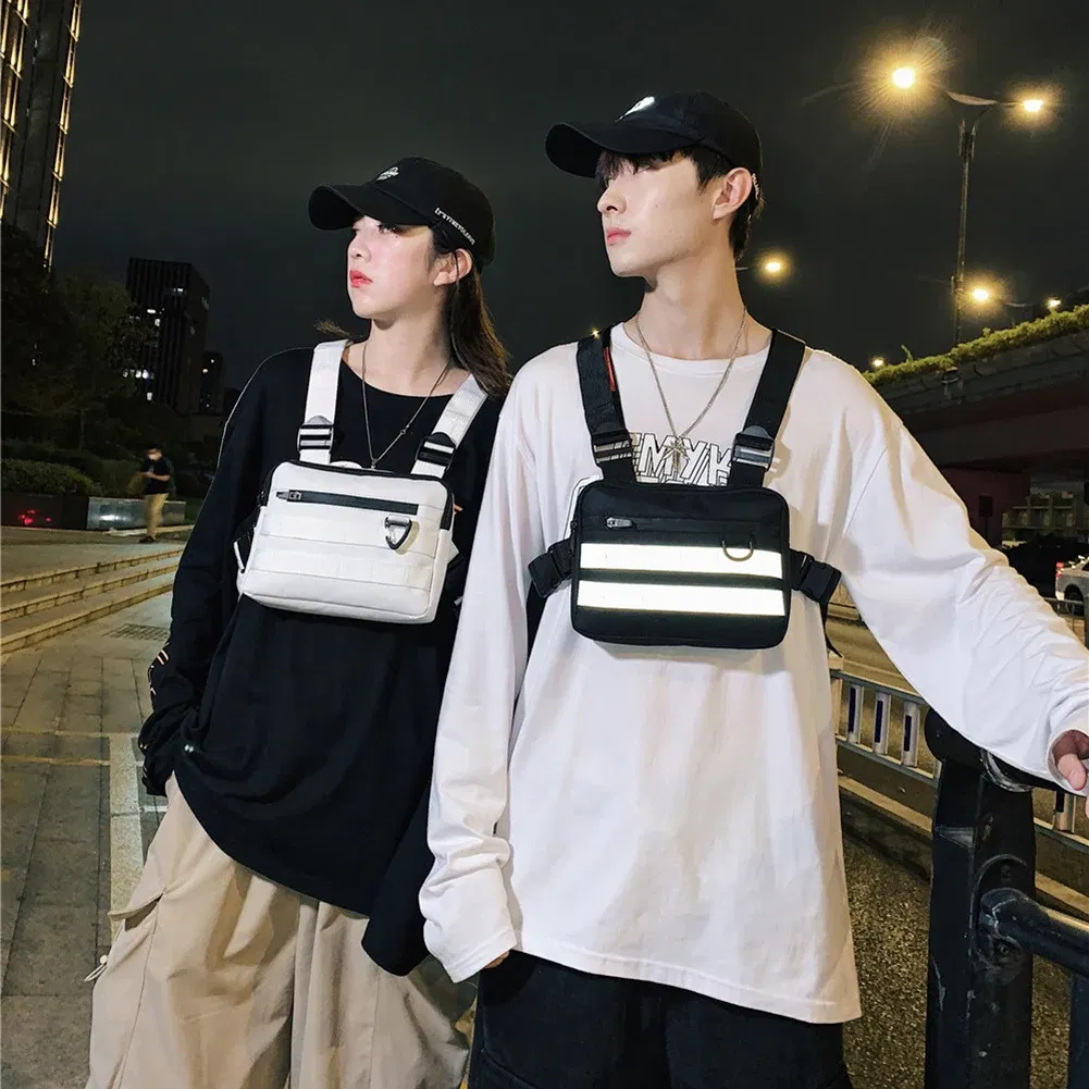 Color: black - Multi-function Chest Bags Men Women Oxford Cloth Vest Hip-Hop Street Belt Pouch
