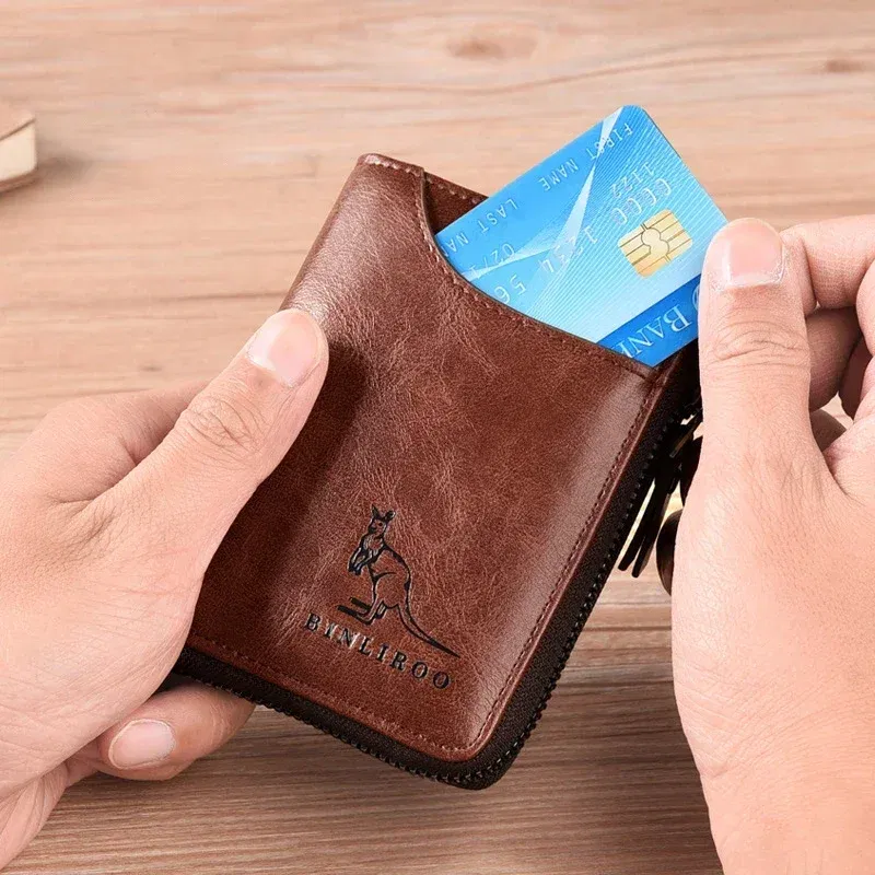Color: Khaki - Luxury Designer Leather Men's Wallet RFID Zipper Card Holder Wallets for Men Portable Short Male Wallets Handbag