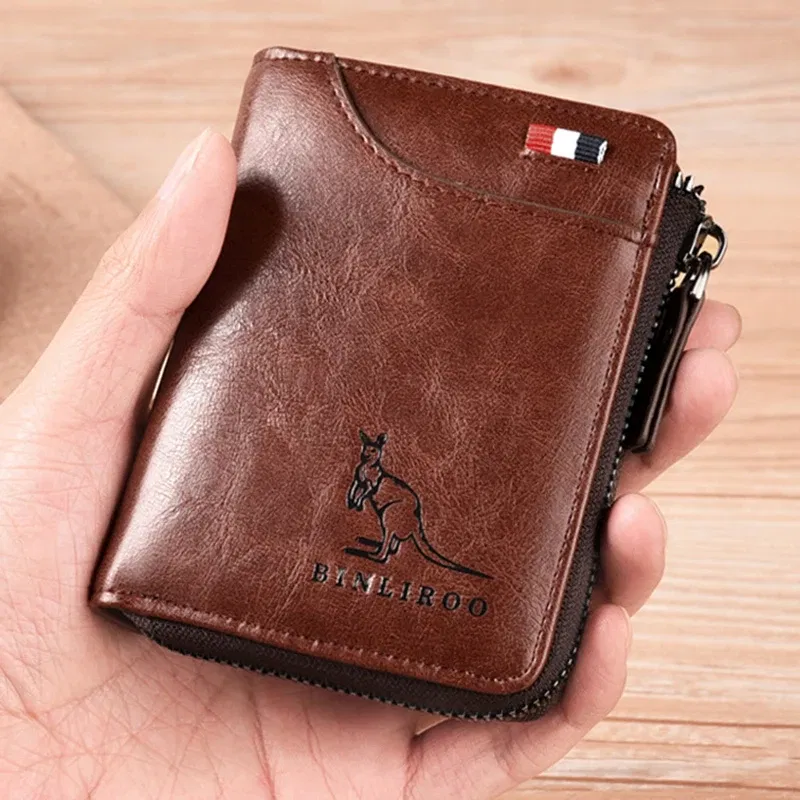 Color: Khaki - Luxury Designer Leather Men's Wallet RFID Zipper Card Holder Wallets for Men Portable Short Male Wallets Handbag
