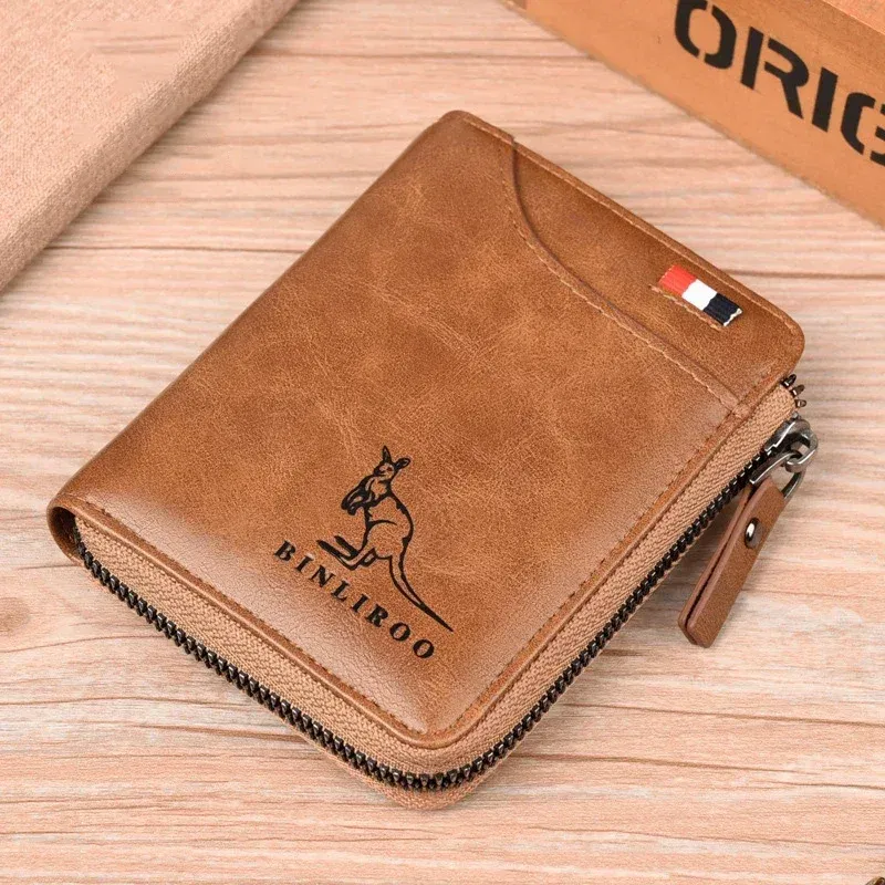 Color: Khaki - Luxury Designer Leather Men's Wallet RFID Zipper Card Holder Wallets for Men Portable Short Male Wallets Handbag