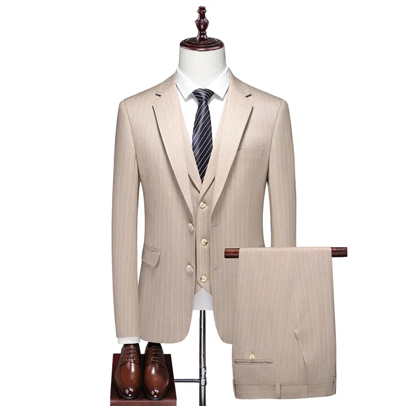 Color: Brown, Size: XXXL - High-End Three-Piece Men's Wedding Suit with Vest And Trousers Fashion Business Casual Groom's Dress All-In-One