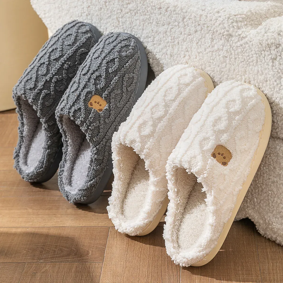 Color: Grape, Shoe Size: 40-41, Ships From: CHINA - Gacimy Women Fur Plush Slippers Girls Cut Bear Fuzzy Indoor Flat Home Slides Bedroom Fur Shoes Winter Warm Fluffy Cotton Slipper