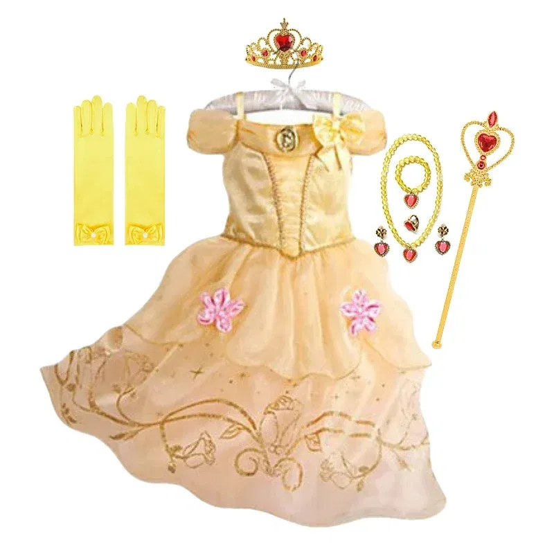 Kid Size: 5, Color: light brown - Belle Princess Dress for Girls Cosplay Beauty and The Beast Snow White Costumes Kids Halloween Carnival Birthday Clothes