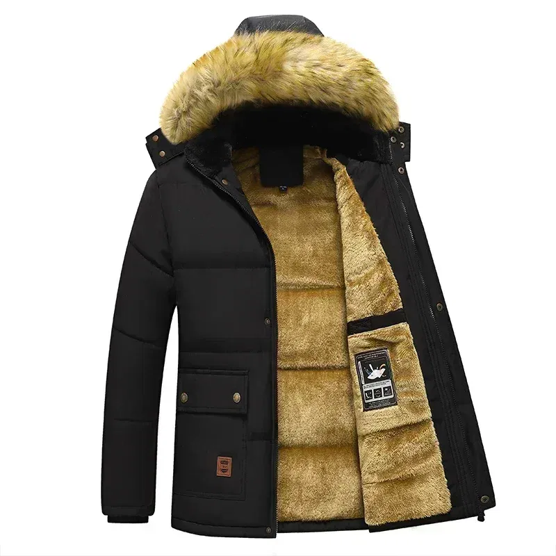 Color: black, Size: XL - 2024 New Men Winter Autumn Work Outwearing Parka Black Fleece Lined Thick Warm Hooded Fur Collar Coat Male Size 5XL Plush Jacket