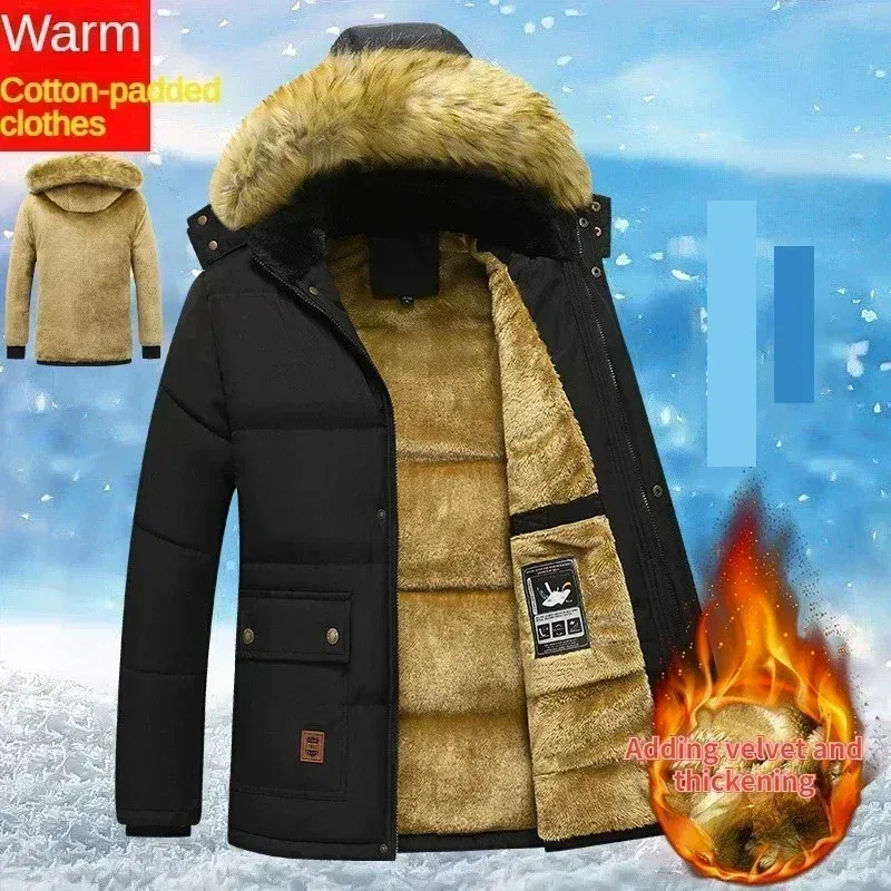 Color: black, Size: XL - 2024 New Men Winter Autumn Work Outwearing Parka Black Fleece Lined Thick Warm Hooded Fur Collar Coat Male Size 5XL Plush Jacket