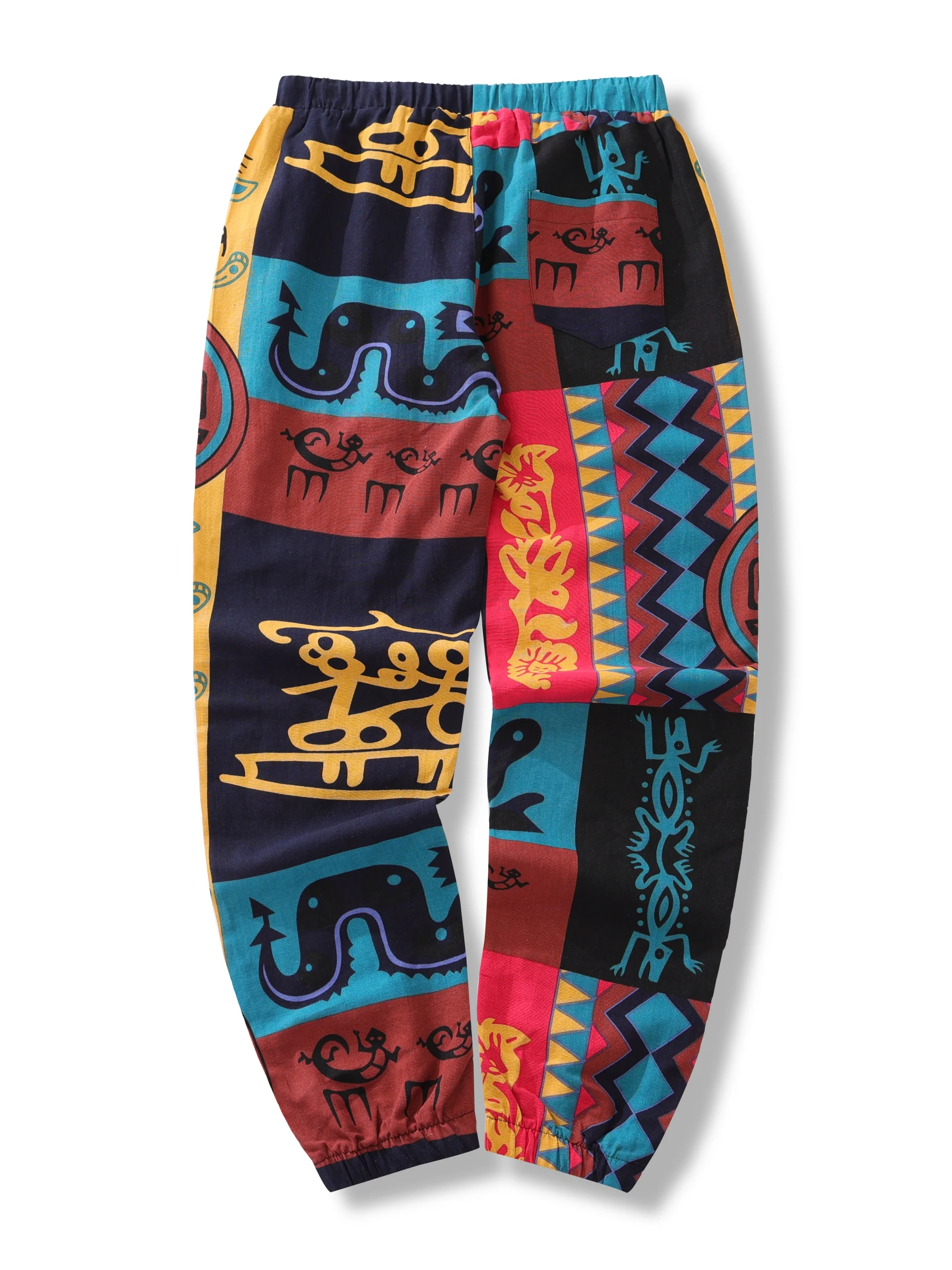 Color: Red, Size: L - Mens Boho Tribal Print Stretch Linen Pnats Cotton Blend Drawstring LightWeight Trousers with Pockets Summer Jogger Pants