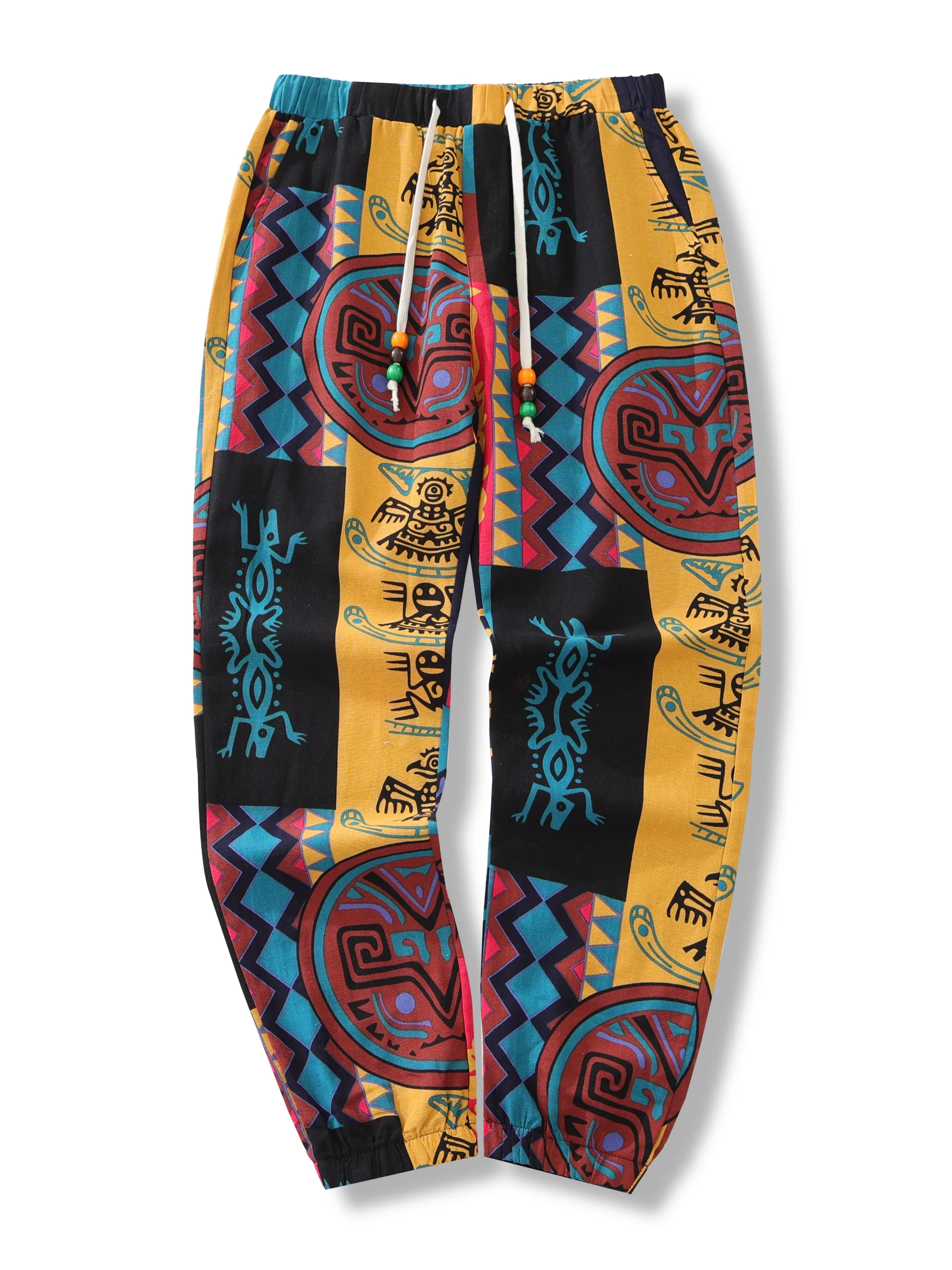 Color: Red, Size: L - Mens Boho Tribal Print Stretch Linen Pnats Cotton Blend Drawstring LightWeight Trousers with Pockets Summer Jogger Pants