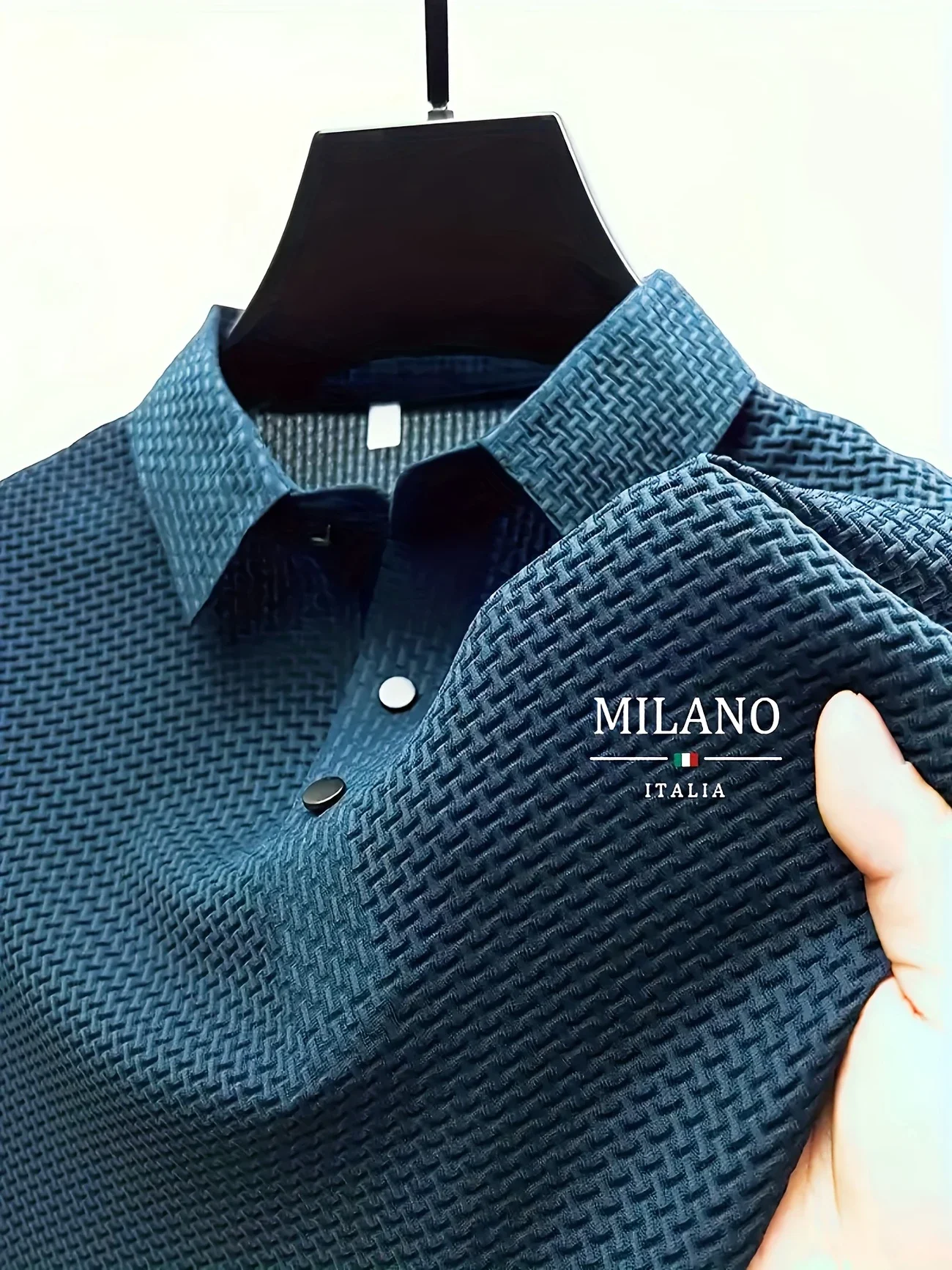 Color: SKY BLUE, Size: M - Classic men's casual POLO shirt soft and breathable MILAN pattern quick-drying top T-shirt