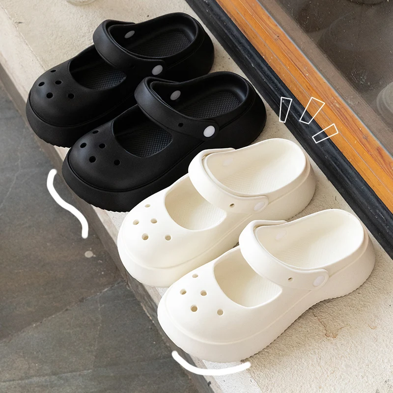 Color: WHITE, Shoe Size: 35 - Summer Women Slippers Fashion Thick Bottom Hole Shoes EVA Slippers Anti Slip Baotou Slippers Outdoor Beach Sandals Slippers