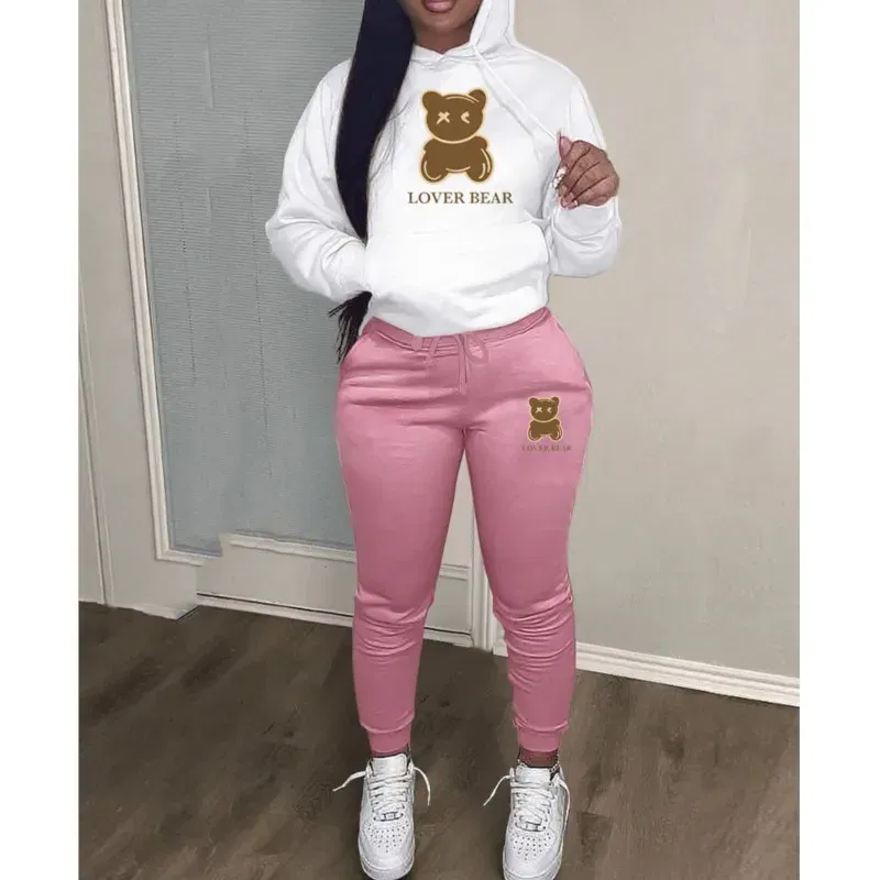 Color: GRAY, Size: XXXL - 2 Piece Set Women Outfit Letter Bear Print Hooded Neck Hoodies Sweatshirt Pants Tracksuit 2024 Plus Size Streetwear Casual Suit