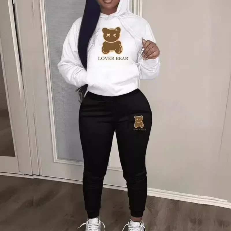Color: GRAY, Size: XXXL - 2 Piece Set Women Outfit Letter Bear Print Hooded Neck Hoodies Sweatshirt Pants Tracksuit 2024 Plus Size Streetwear Casual Suit