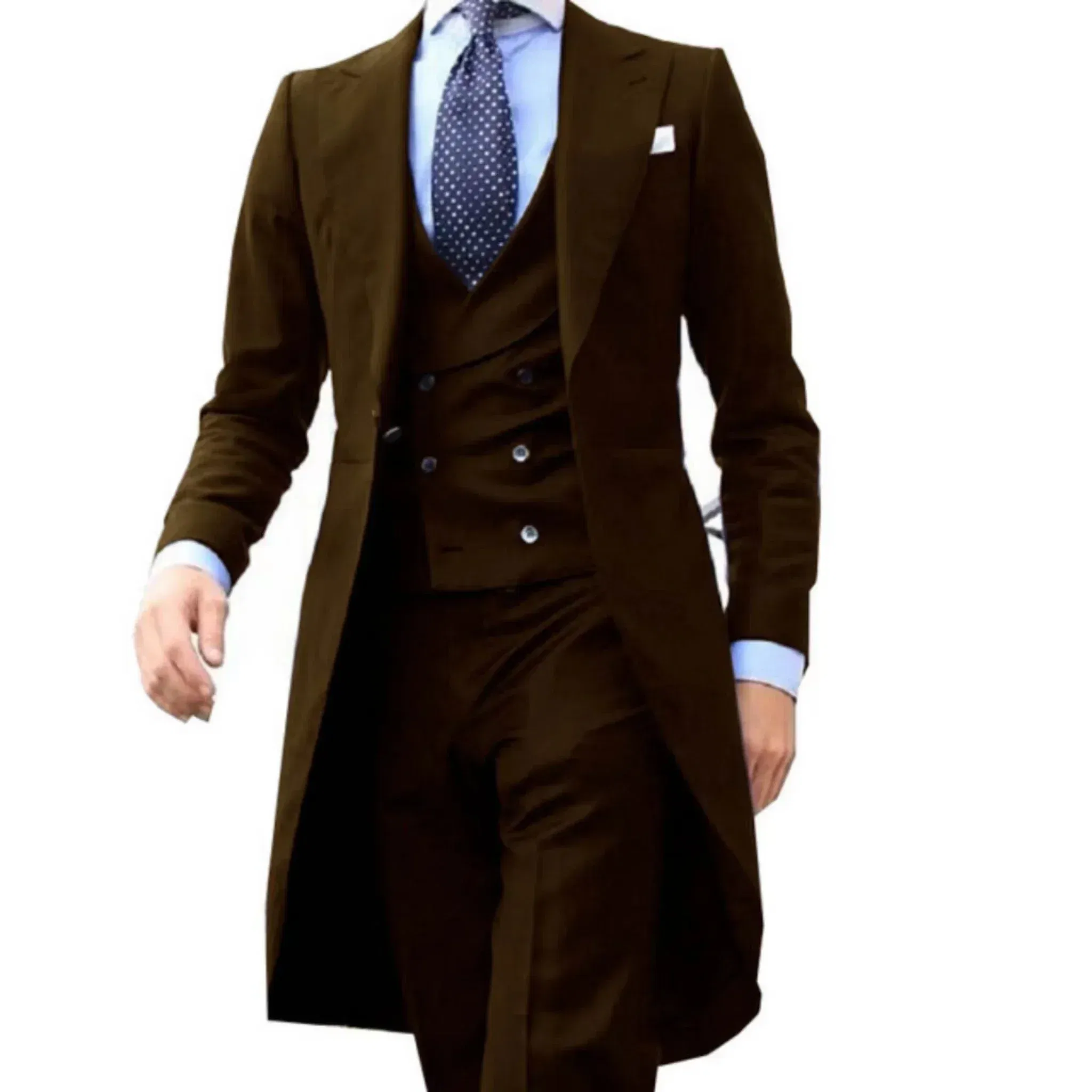 Color: Brown, Size: 4XL - Elegant man suit Slim Fit Suit Luxury Formal Tuxedos Wedding 3 Pieces Blazer Vest Pants Set Long Tail Coat One Button Custom