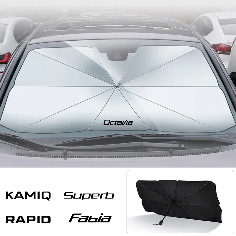 Color: Orange - Car Windshield Sunshade Umbrella Car Front Shading For Skoda Octavia Fabia Rapid Superb Kodiaq Scala Karoq Citigo Kamiq Enyaq