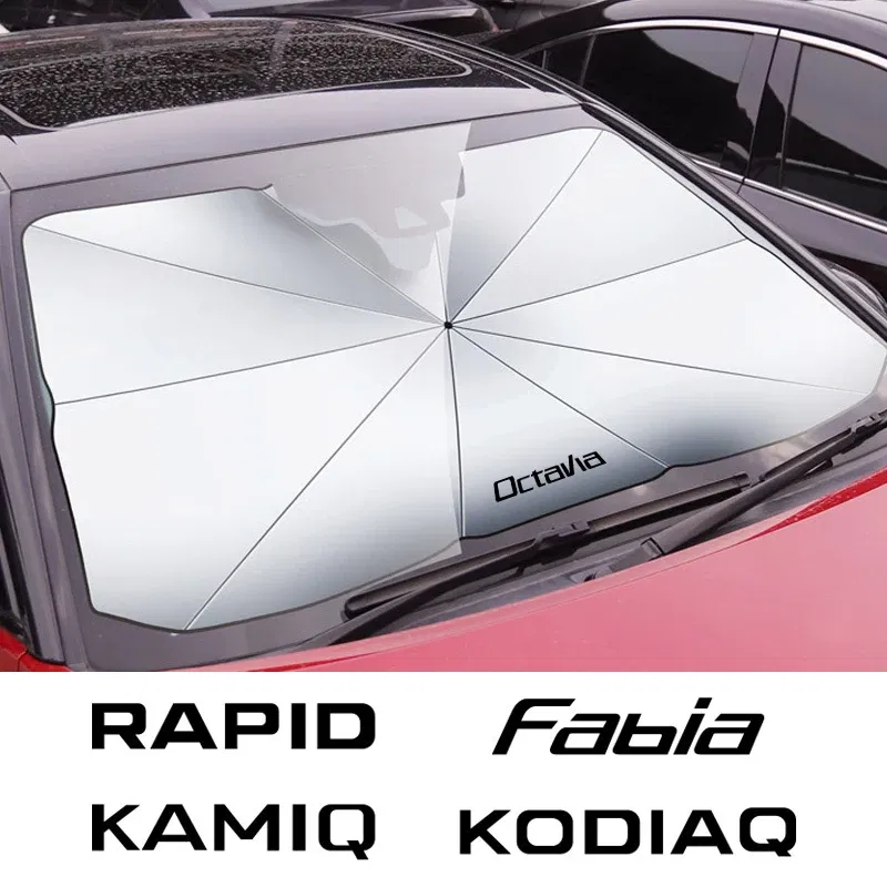 Color: Orange - Car Windshield Sunshade Umbrella Car Front Shading For Skoda Octavia Fabia Rapid Superb Kodiaq Scala Karoq Citigo Kamiq Enyaq