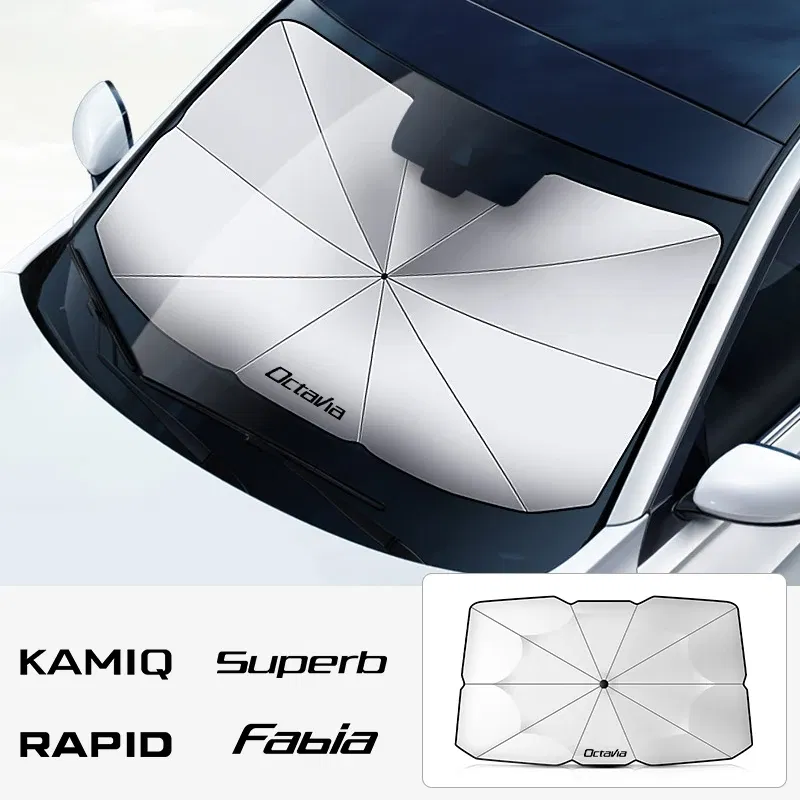 Color: Orange - Car Windshield Sunshade Umbrella Car Front Shading For Skoda Octavia Fabia Rapid Superb Kodiaq Scala Karoq Citigo Kamiq Enyaq