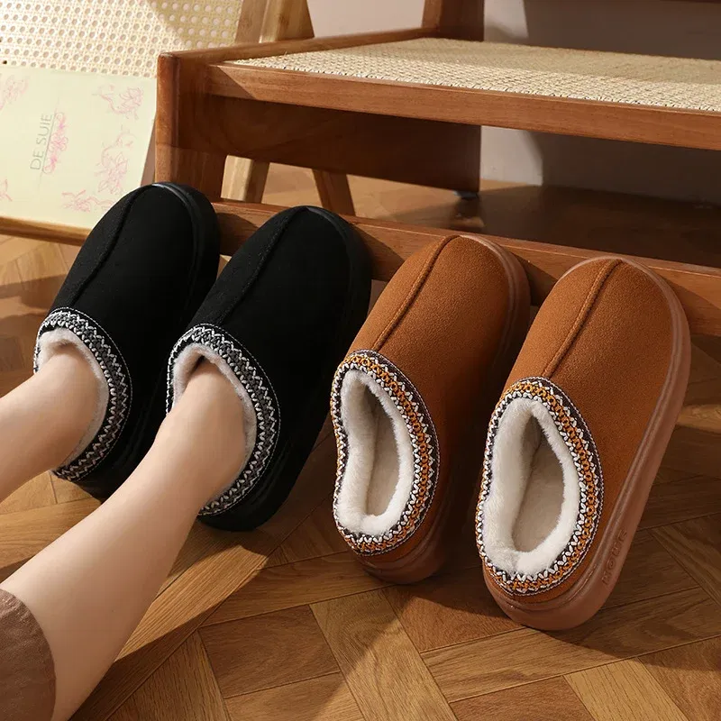 Color: Brown, Shoe Size: 40-41 - Comfort Thick Bottom Cotton Slippers Women 2025 Winter Warm Thick Plush Non Slip Furry Clogs Shoes Embroidery Suede Snow Boots