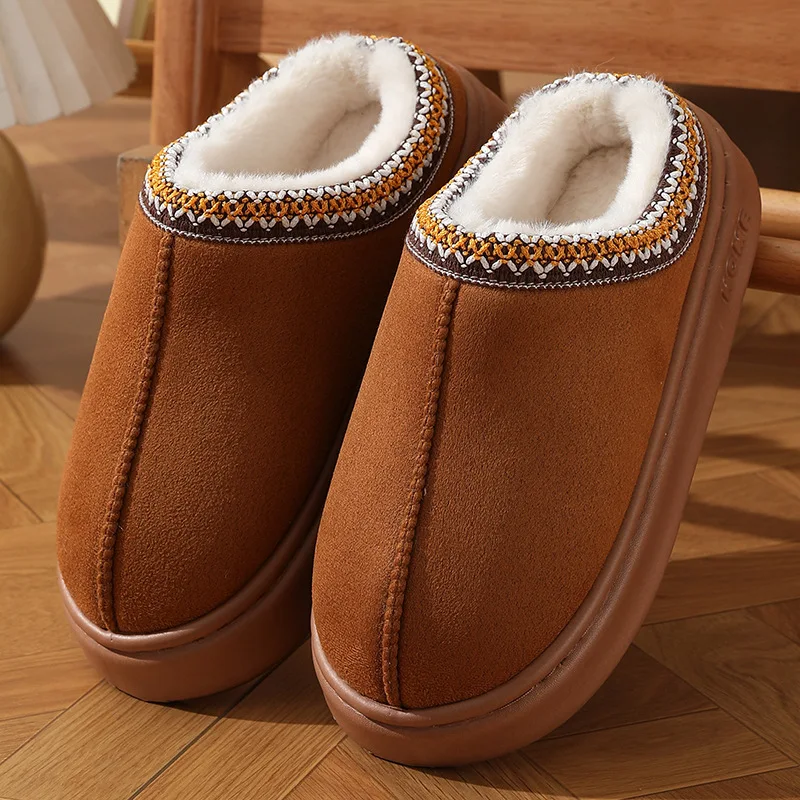 Color: Brown, Shoe Size: 40-41 - Comfort Thick Bottom Cotton Slippers Women 2025 Winter Warm Thick Plush Non Slip Furry Clogs Shoes Embroidery Suede Snow Boots