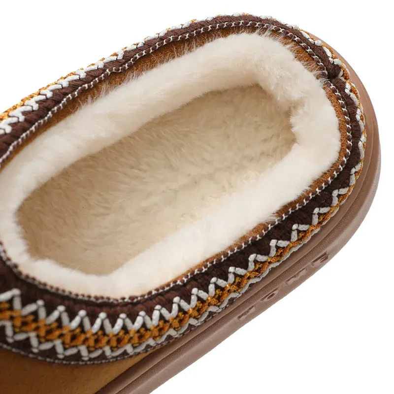 Color: Brown, Shoe Size: 40-41 - Comfort Thick Bottom Cotton Slippers Women 2025 Winter Warm Thick Plush Non Slip Furry Clogs Shoes Embroidery Suede Snow Boots