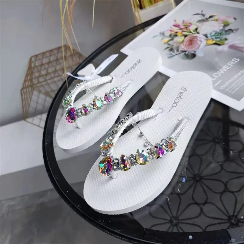 Color: Black, Shoe Size: 40 - Outdoor Leisure Flip Flops Women 2024 Summer Fashion Lady Beach Shoes Luxurious Rhinestone Embellished Women's Flat Slippers