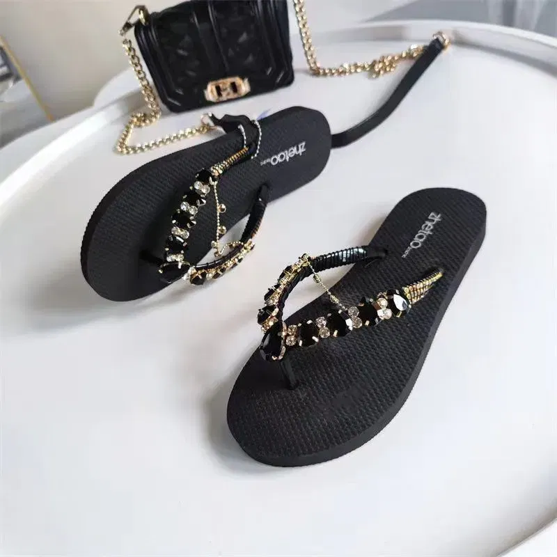 Color: Black, Shoe Size: 40 - Outdoor Leisure Flip Flops Women 2024 Summer Fashion Lady Beach Shoes Luxurious Rhinestone Embellished Women's Flat Slippers