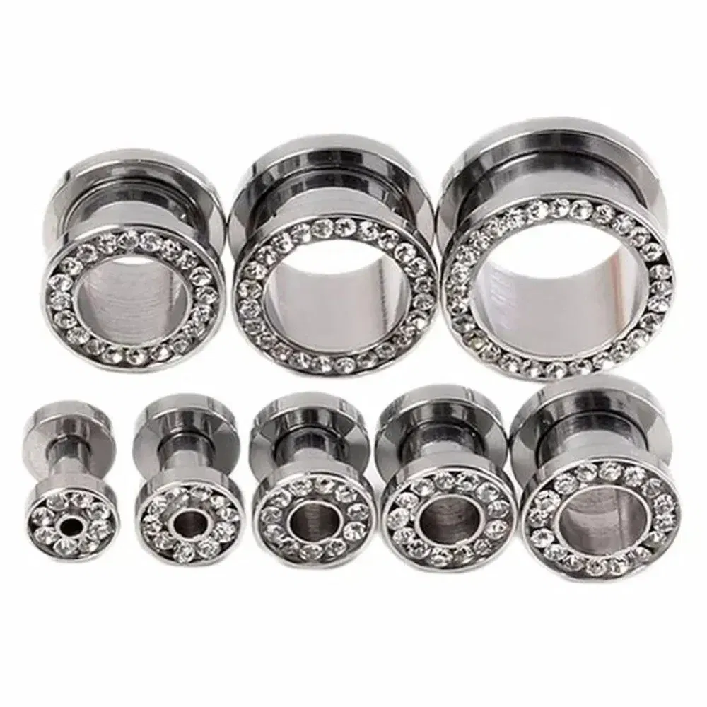 Metal color: Light Yellow Gold Color, Main Stone Color: black - 2pc Steel Multicolour Crystal Ear Plug Flesh Tunnel 8g ( 3mm ) - 1" ( 25mm ) Gauge Expander Stretcher Screw Fit