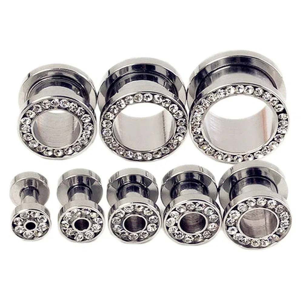 Metal color: Light Yellow Gold Color, Main Stone Color: black - 2pc Steel Multicolour Crystal Ear Plug Flesh Tunnel 8g ( 3mm ) - 1" ( 25mm ) Gauge Expander Stretcher Screw Fit