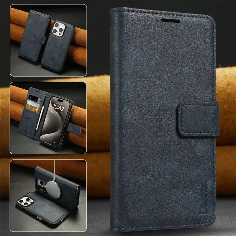 Color: Blue, Material: PU - 2 in 1 MagSafe Wallet Case for IPhone 16 Promax 15 Plus 14 Pro Max 13 12 Iphone16 Magnetic Wireless Charging Phone Cover