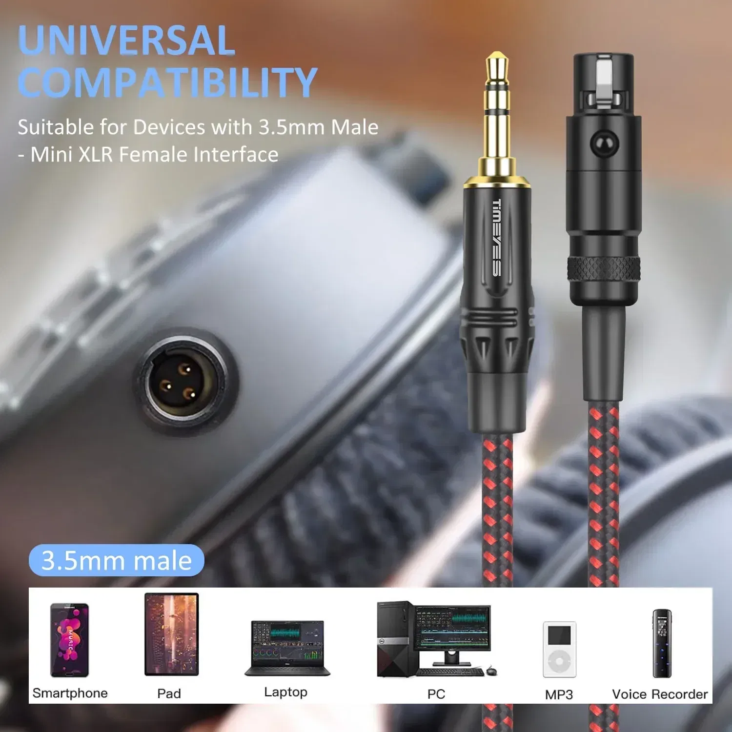 Color: Black, Length: 30m - TIMEYES 3.5mm To Mini XLR Female Stereo Audio Cable 1/8 Inch TRS To 3-pin Mini XLR Female Headphones Audio Cable