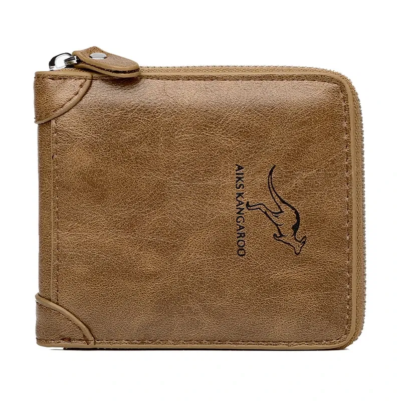 Color: Khaki - Leather Men?™s Wallet Luxury MensPurse Male Zipper Card Holders with Coin Pocket Rfid Wallets Gifts for Men Money Bag