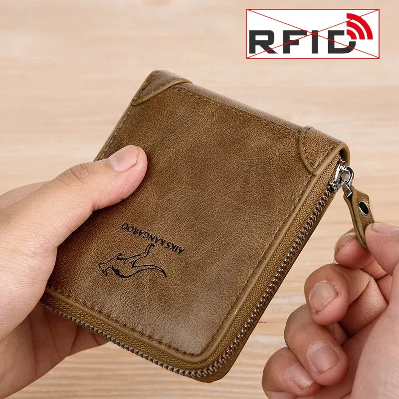 Color: Khaki - Leather Men?™s Wallet Luxury MensPurse Male Zipper Card Holders with Coin Pocket Rfid Wallets Gifts for Men Money Bag