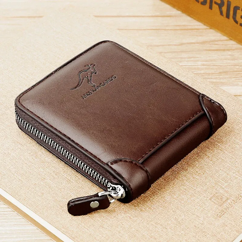 Color: Khaki - Leather Men?™s Wallet Luxury MensPurse Male Zipper Card Holders with Coin Pocket Rfid Wallets Gifts for Men Money Bag