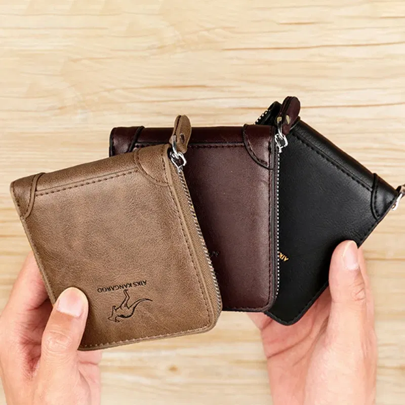 Color: Khaki - Leather Men?™s Wallet Luxury MensPurse Male Zipper Card Holders with Coin Pocket Rfid Wallets Gifts for Men Money Bag