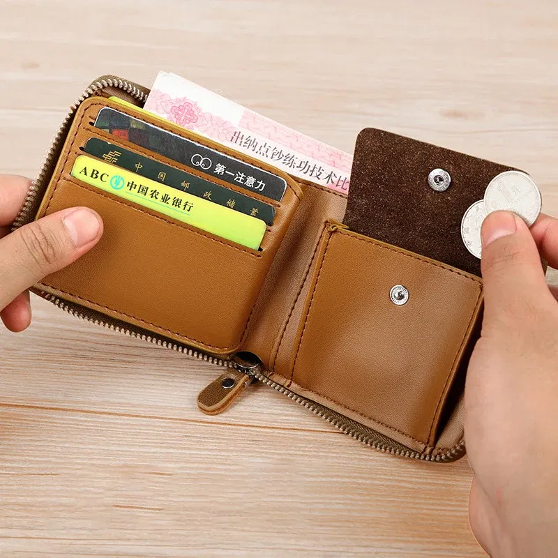 Color: Khaki - Leather Men?™s Wallet Luxury MensPurse Male Zipper Card Holders with Coin Pocket Rfid Wallets Gifts for Men Money Bag