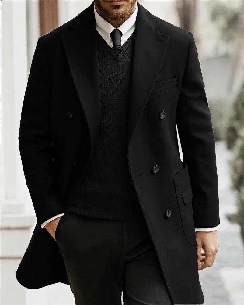 Color: black, Size: XXL - Classic Man Trench Coat Customized Notched Lapel Full Man Terno Double Breasted Elegant Gentleman Long Coat Men's Winter Jacket