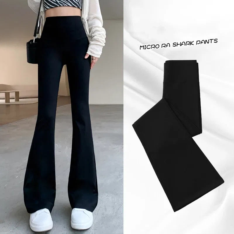 Color: Gold, Size: L - Women Flare Pants Slim High Waist Solid Sexy Shark Flare Pants Fashion Casual Streetwear Elastic Butt Lift Skinny Leggings