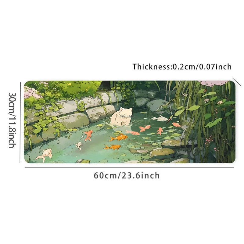 Size: 80x40 cm - Cute Cartoon Cat Fish Mouse Pad Green Large Computer Keyboard Pad Natural Rubber Anti-Slip Pad Perfect Gift for Girlfriend Women