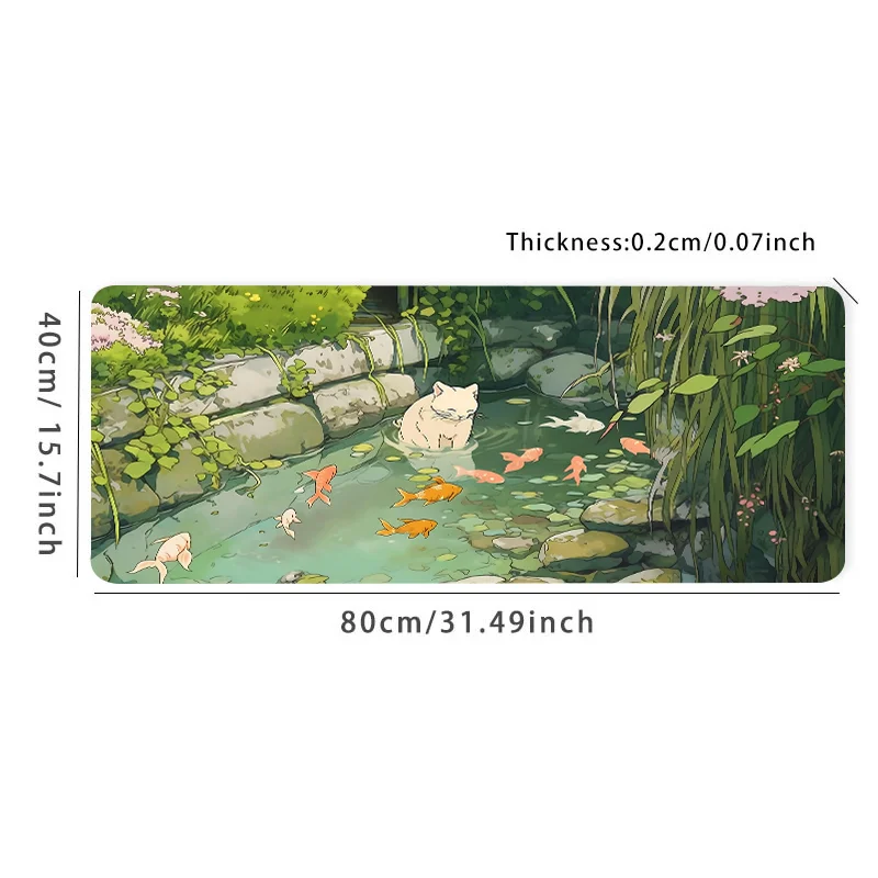 Size: 80x40 cm - Cute Cartoon Cat Fish Mouse Pad Green Large Computer Keyboard Pad Natural Rubber Anti-Slip Pad Perfect Gift for Girlfriend Women