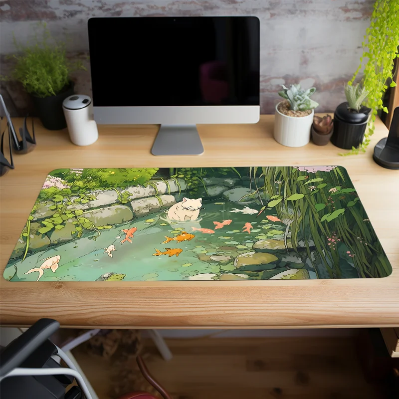 Size: 80x40 cm - Cute Cartoon Cat Fish Mouse Pad Green Large Computer Keyboard Pad Natural Rubber Anti-Slip Pad Perfect Gift for Girlfriend Women