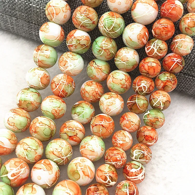 Color: Army Green, Item Diameter: 7mm - Wholesale 4/6/8/10mm Glass Beads Round Loose Spacer Beads Pattern For Jewelry Making DIY Bracelet Necklace